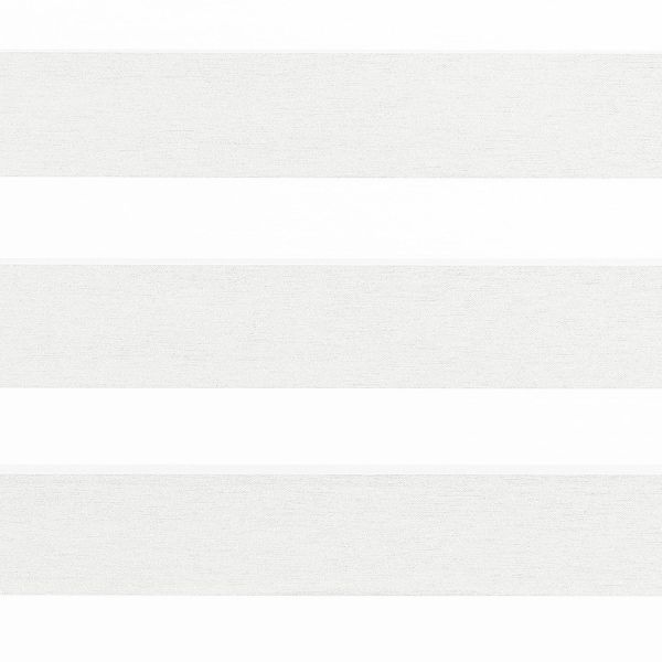 Roller zebra blindsâ€”lowered, alternating textured light-gray opaque and translucent white horizontal bandsâ€”partially diffuse and filter daylight; close-up view suggesting a bright, minimal interior window.
