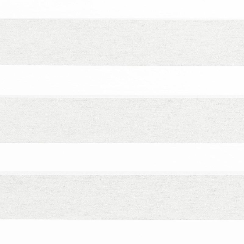 Roller zebra blindsâ€”lowered, alternating textured light-gray opaque and translucent white horizontal bandsâ€”partially diffuse and filter daylight; close-up view suggesting a bright, minimal interior window.