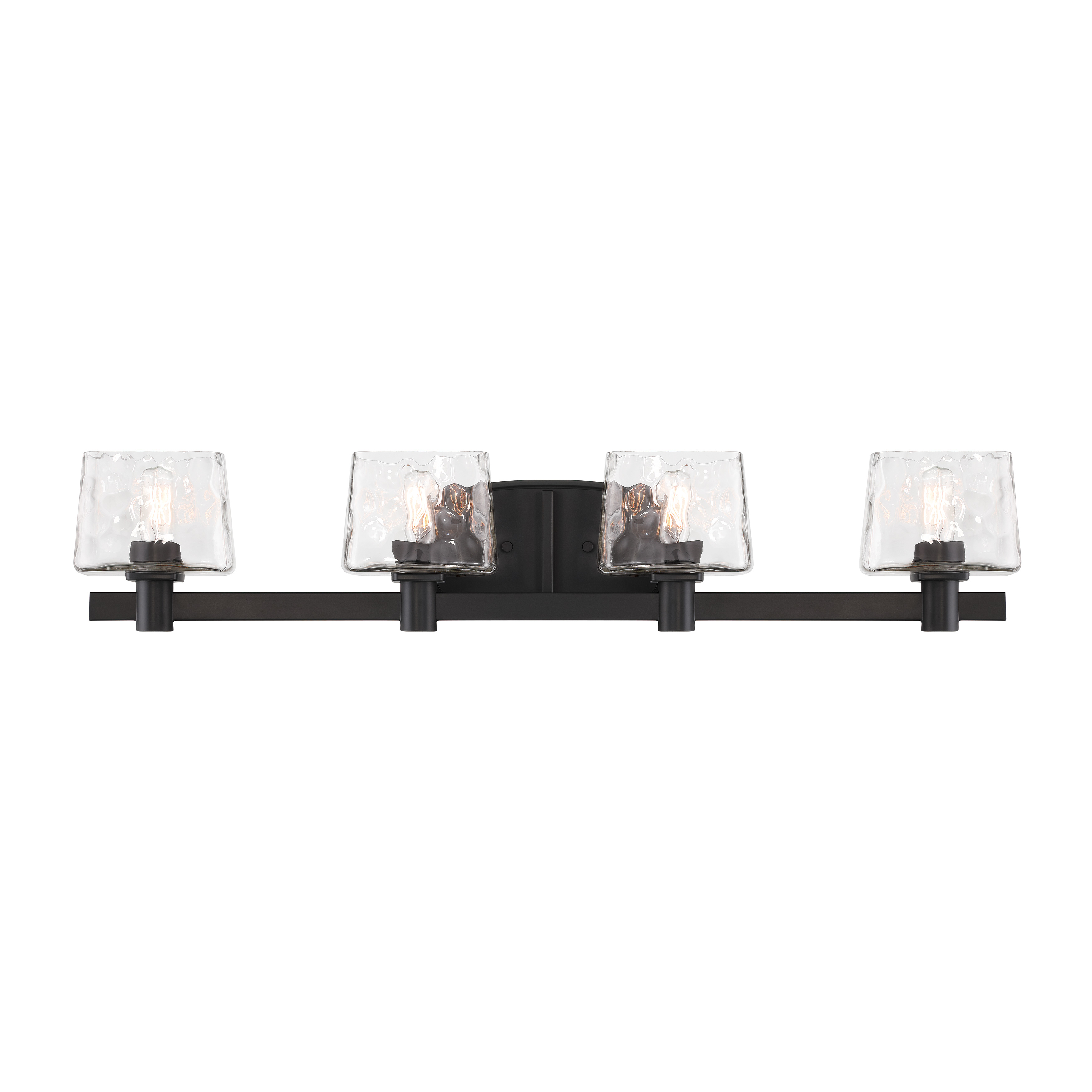 The Drysdale 4-light vanity combines industrial charm with modern sophistication. Its reversible mounting and coal black finish with hammered glass shades create dramatic visual interest while providing ample task lighting. - alternate view