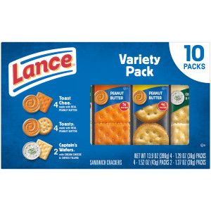 Lance Sandwich Crackers, Variety Pack, 3 Flavors, 10 Individually Wrapped Packs, 6 Sandwiches Each