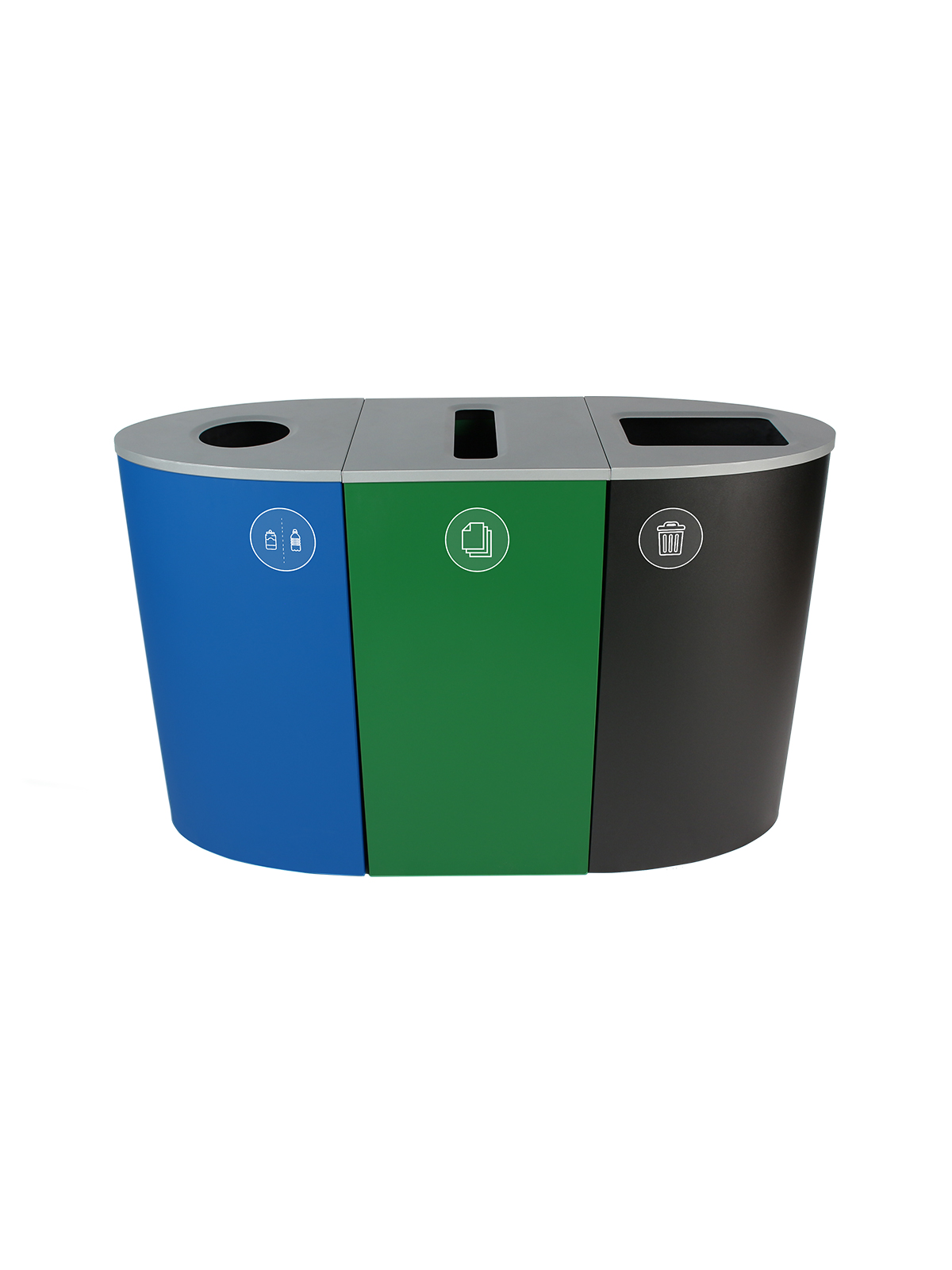 SPECTRUM – Triple – Kit – Cans & Bottles-Paper-Waste – Circle-Slot-Full – Blue-Green-Black