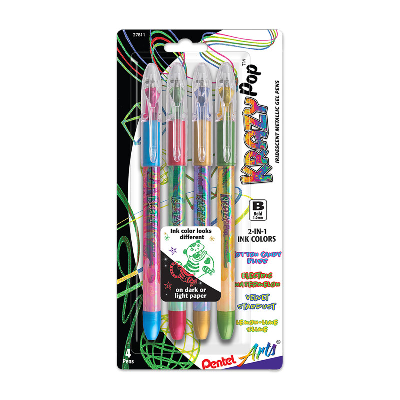 Krazy Pop Iridescent Gel Pen, 1.0mm Bold line, Assorted Ink (XC/BD/CP/DG), 4-Pack