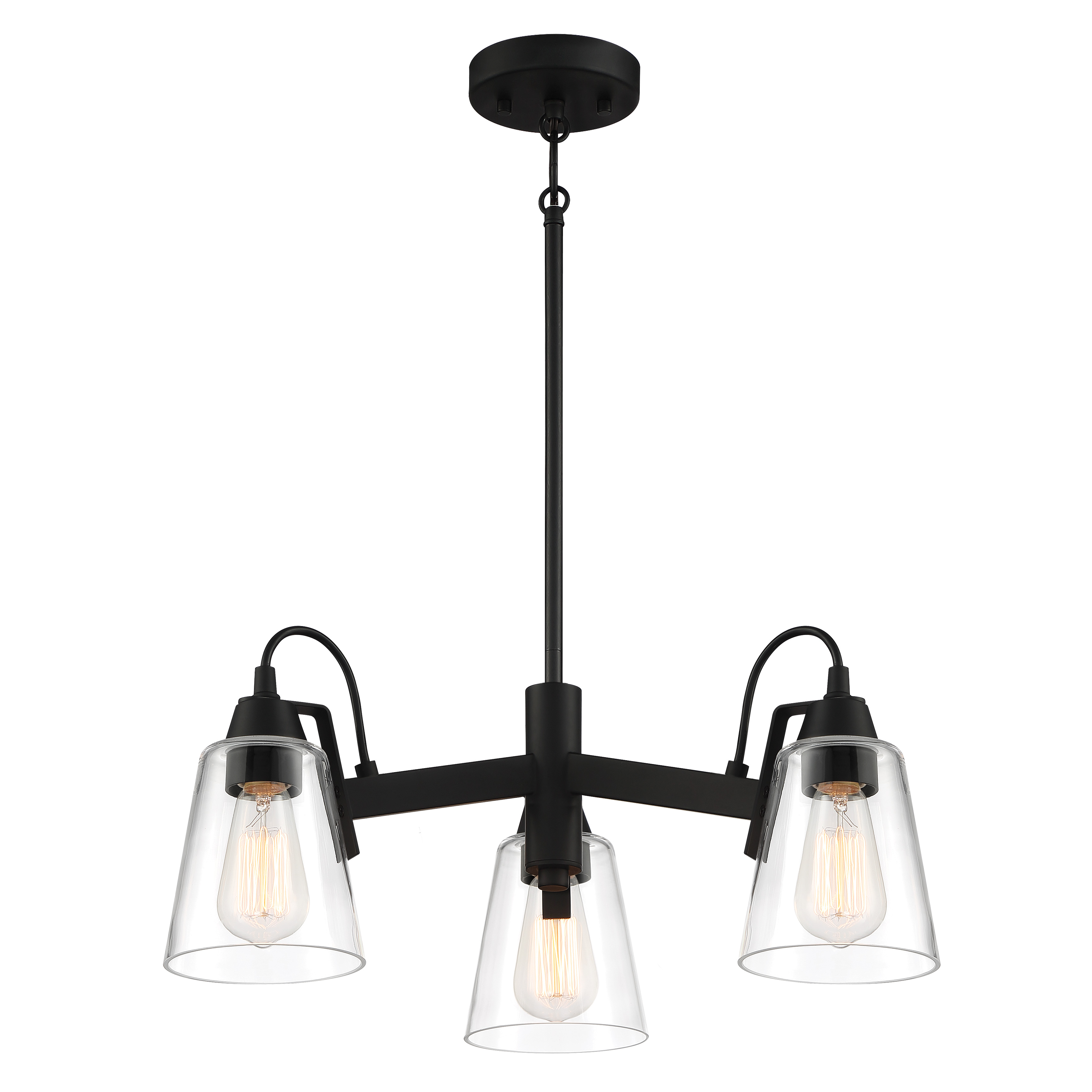 The Beckonridge 3-Light Chandelier combines transitional elegance with industrial appeal in a compact 22-inch design. Its coal black finish and clear glass shades create versatile style perfect for smaller dining spaces and intimate rooms. - alternate view