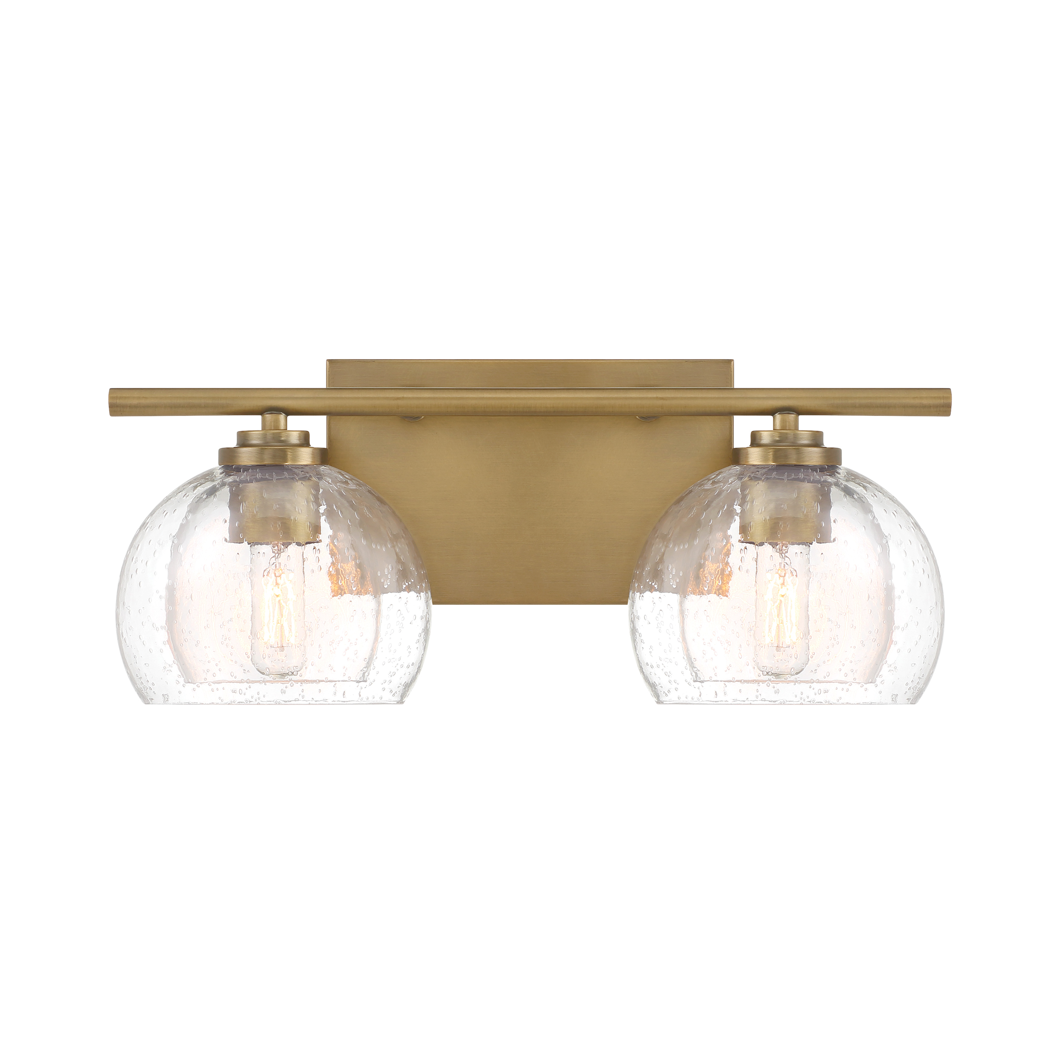 The Glint 2-Light Vanity combines warm Legacy Brass finish with charming clear seeded glass shades, creating a sophisticated transitional look perfect for bathroom vanities and powder rooms. - alternate view