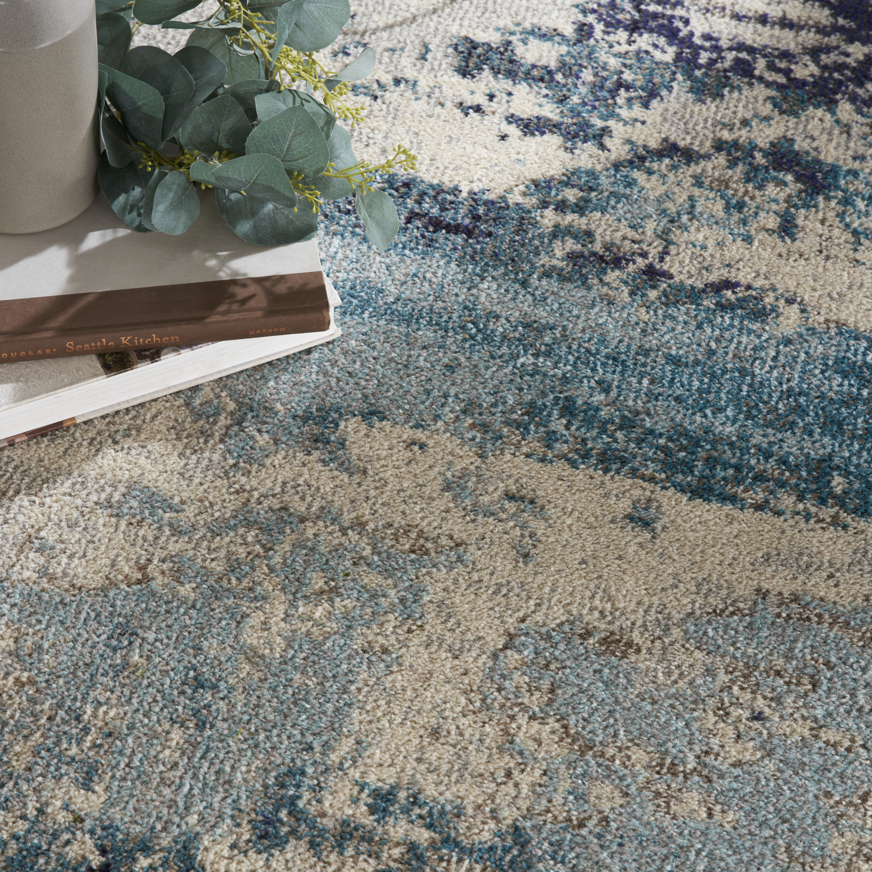 Nourison Celestial 5'3" x Round Ivory Teal Blue Modern Indoor Rug