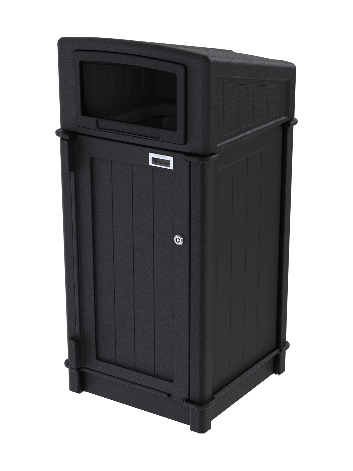 black recycled plastic waste container with sloped canopy lid for collecting trash outdoors