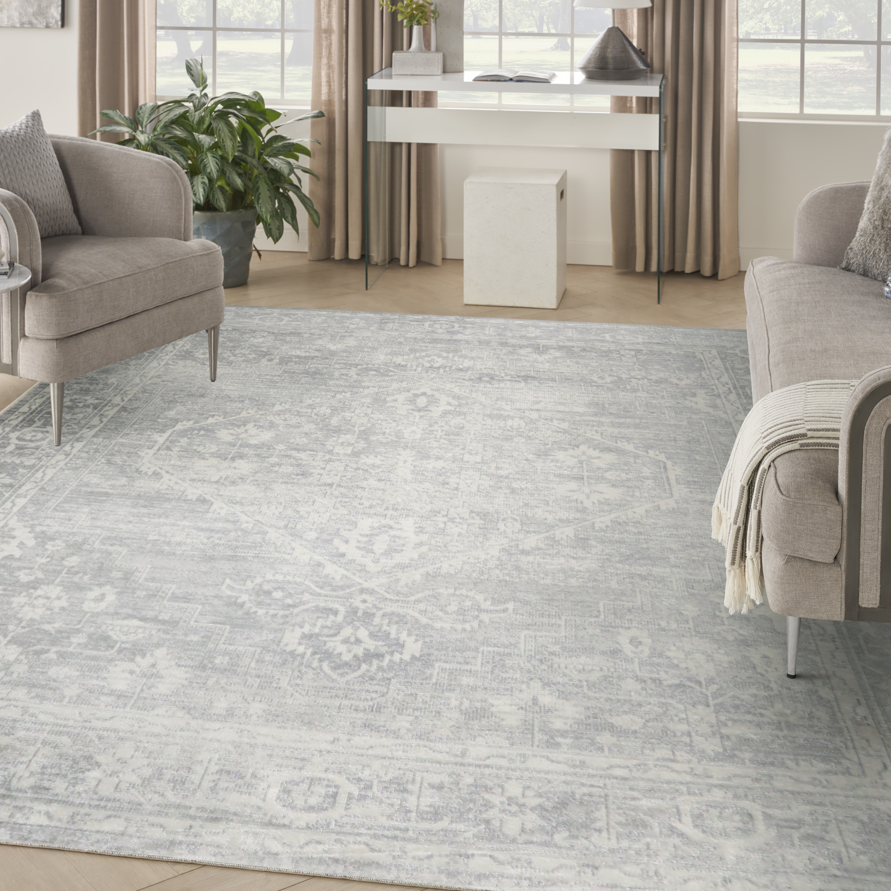 Nourison Astra Machine Washable 7'10" x 10' Light Grey Vintage Indoor Rug