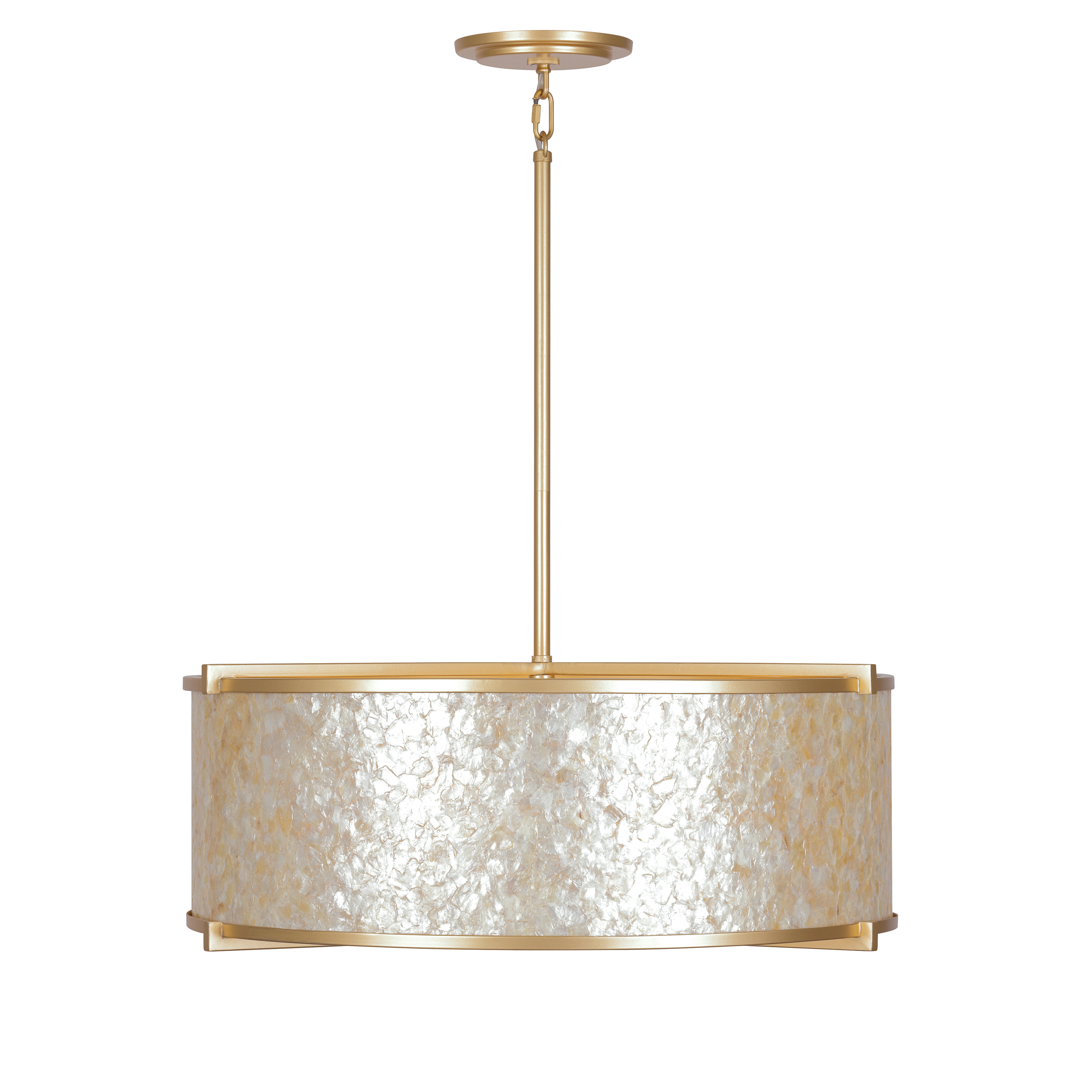 The Sommers Bend pendant brings organic beauty to any space with its stunning capiz shell inlay and warm fawn gold finish. At 27 inches wide, this 6-light fixture provides ample illumination while serving as a sculptural focal point. - alternate view
