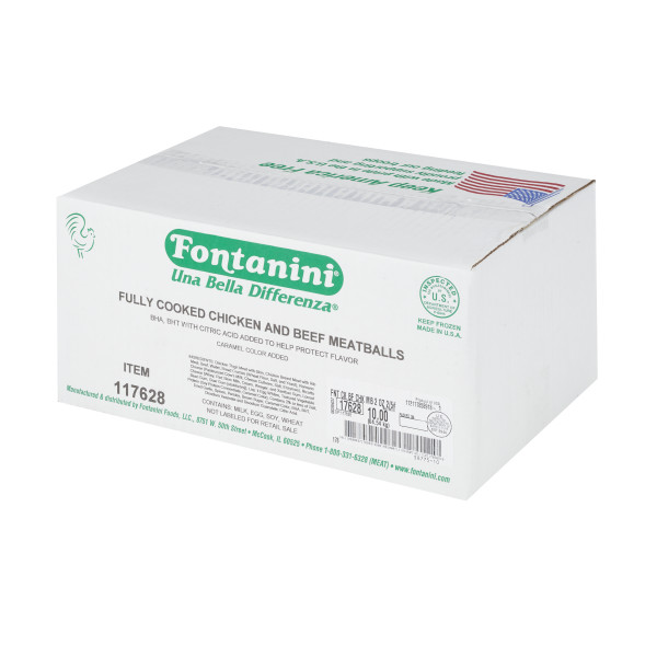 FONTANINI(r) HALAL Chicken & Beef Meatball, Cooked, 2 oz, 2/5lb . C1RA - Front Right Closed Case (Hi Res)