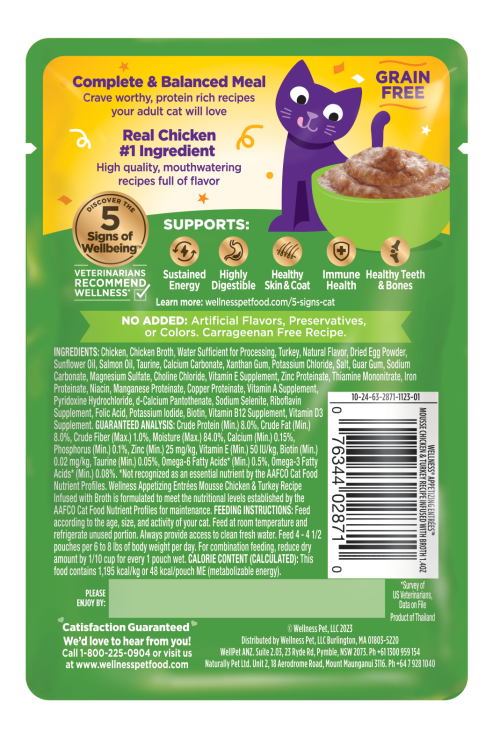 Wellness Appetizing Entrees Mousse Chicken & Turkey back packaging