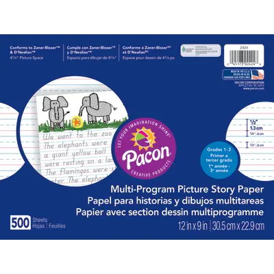 Pacon  Multi-Program Handwriting Paper, D'Nealian Grades 1-3 / Zaner-Bloser Grade 2, 1/2 in x 1/4 in x 1/4 in ruled  and 4-1/4 in picture story space 12