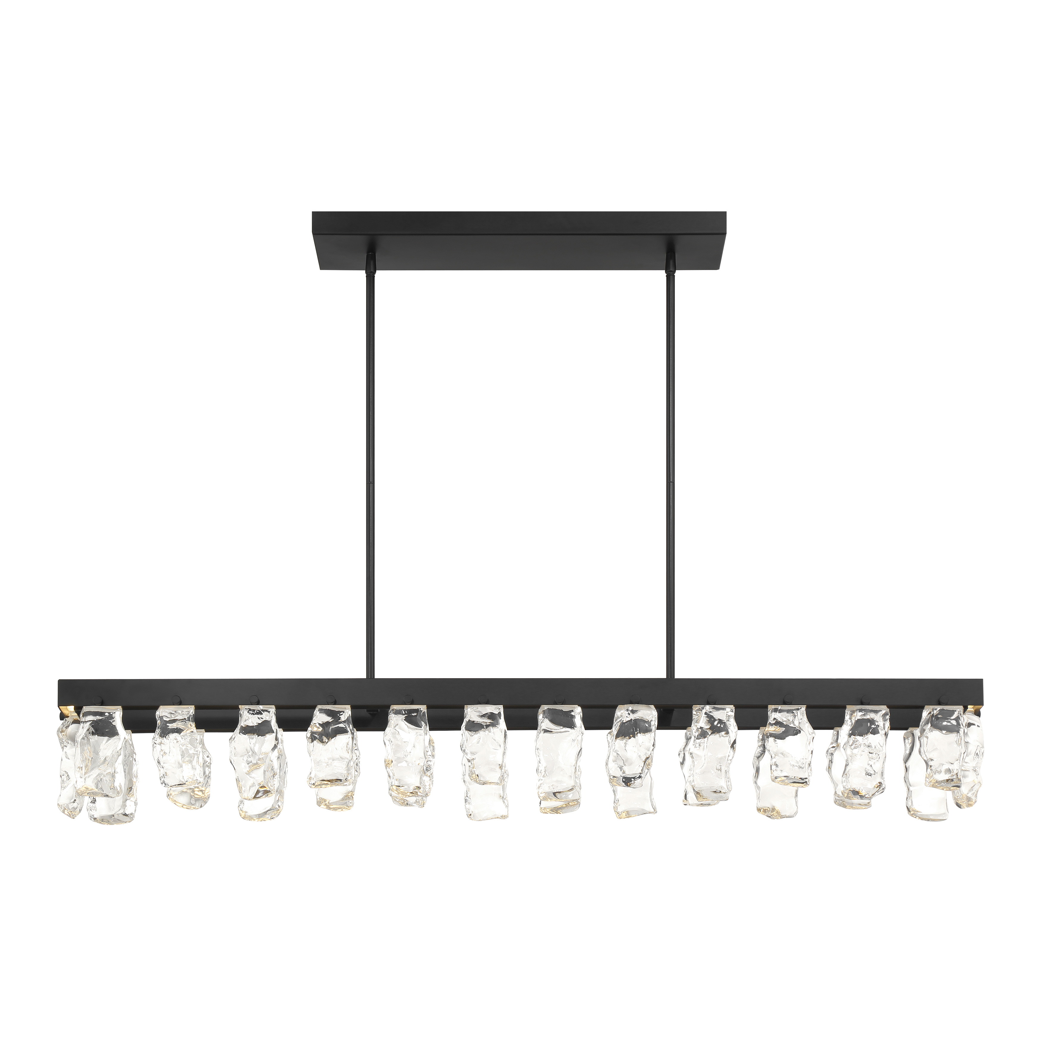 The Artic Glacier brings natural elegance to modern spaces with its striking faux rock crystal shades and sleek coal black finish. At nearly 4 feet long, this LED island light delivers exceptional illumination with 2,420 lumens and superior 92 CRI color rendering. - alternate view