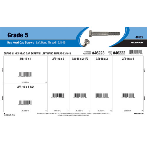 Grade 5 Left Hand-Thread Hex Cap Screws Assortment (3/8