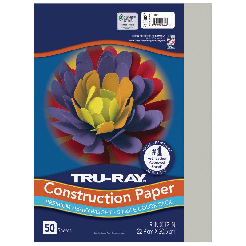 Construction Paper, Heavyweight, Gray, 9" x 12", 50 Sheets