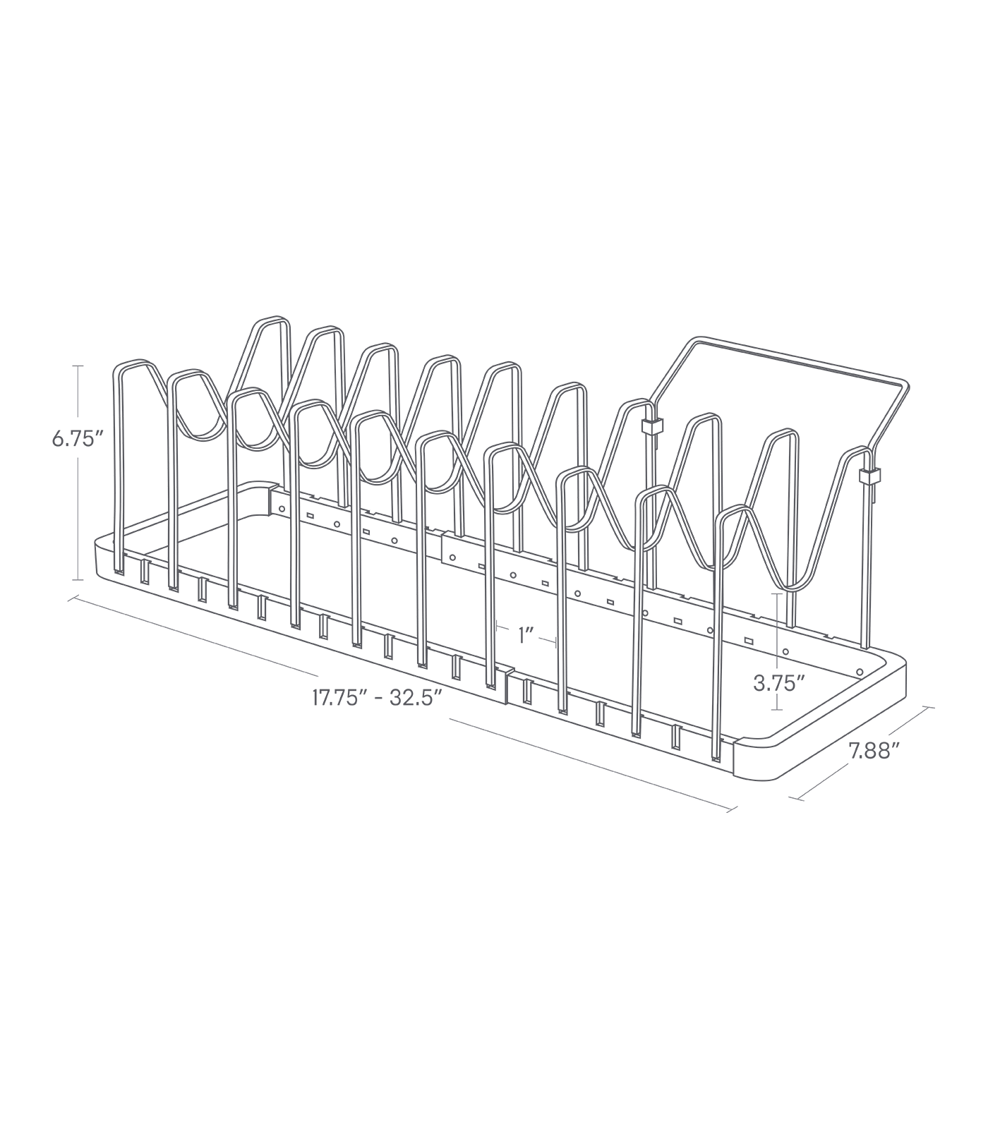 Image dimensionnelle pour organisateur de couvercle de casserole réglable sur un fond blanc avec une longueur allant de 17,75