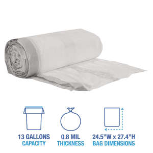 Boardwalk,  LLDPE Liner, 13 gal Capacity, 24.5 in Wide, 27.4 in High, 0.8 Mils Thick, White