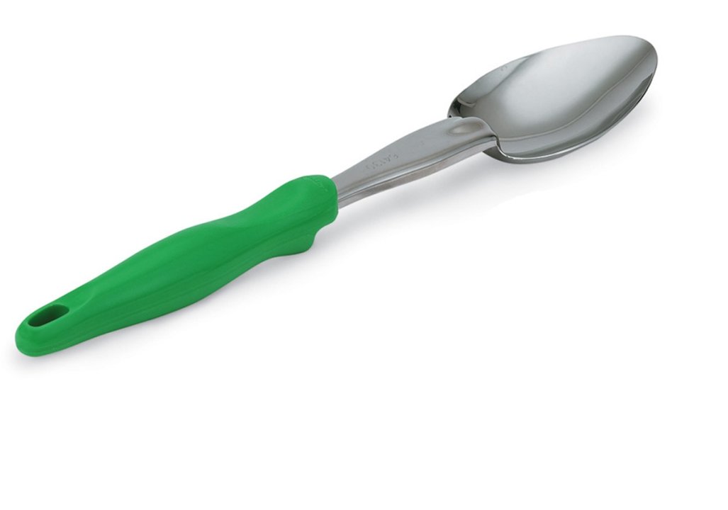 14-inch heavy-duty stainless steel solid basting spoon with green Ergo Grip™ handle
