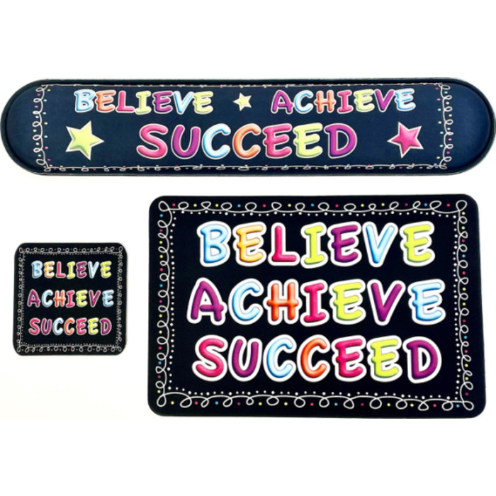 The Original Fun Mat&reg; Computer Desk Mats, Set of 3, (1) Mouse Pad, (1) Keyboard Wrist Pad, (1) Coaster, Believe, Achieve, Succeed, Chalk Loops