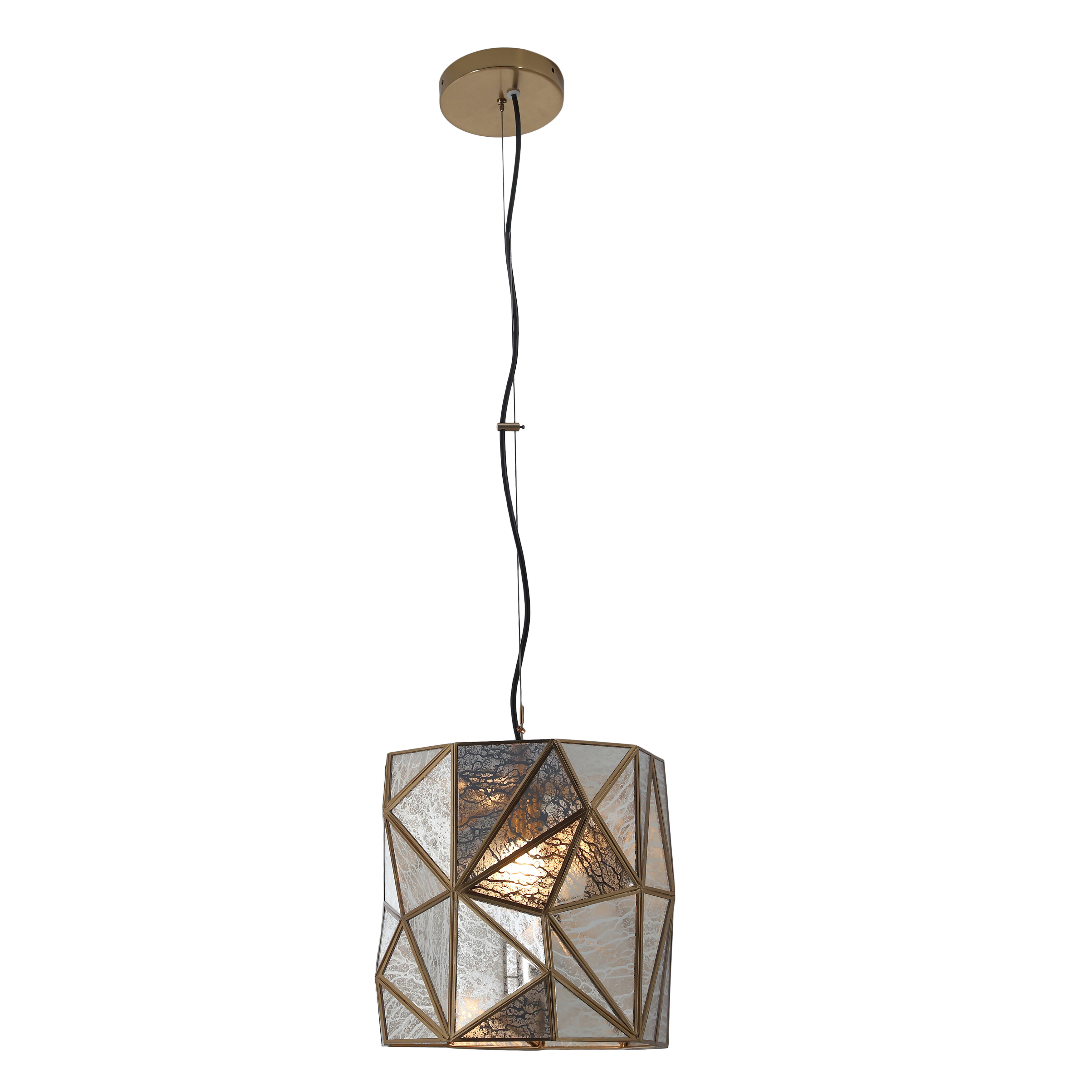 The Geo-Gem mini pendant combines contemporary geometric form with artisan brass finish and antique mercury glass for a sophisticated, jewel-like accent. Its compact 12-inch size makes it perfect for layered lighting or tight spaces. - alternate view