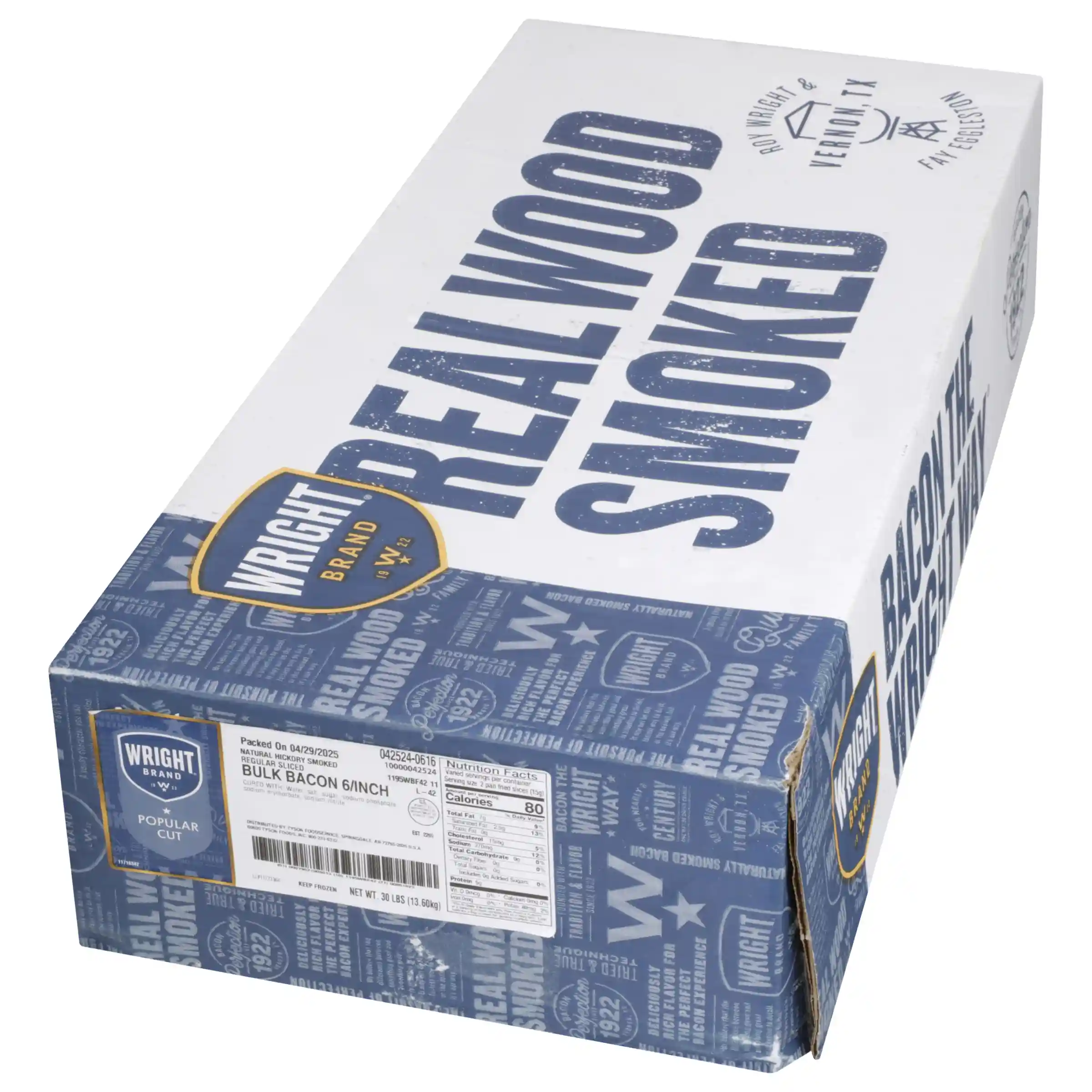 Wright® Brand Naturally Hickory Smoked Regular Sliced Bacon, Bulk, 30 Lbs, 6 Slices/Inch, Frozen_image_5