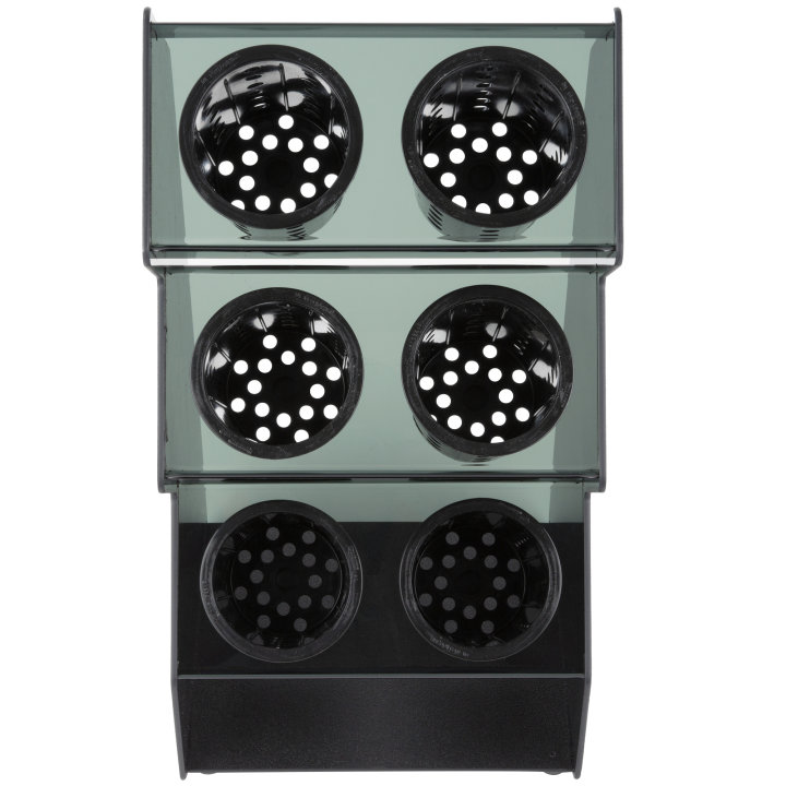 Six-compartment vertical countertop flatware organizer with removable black perforated cylinders