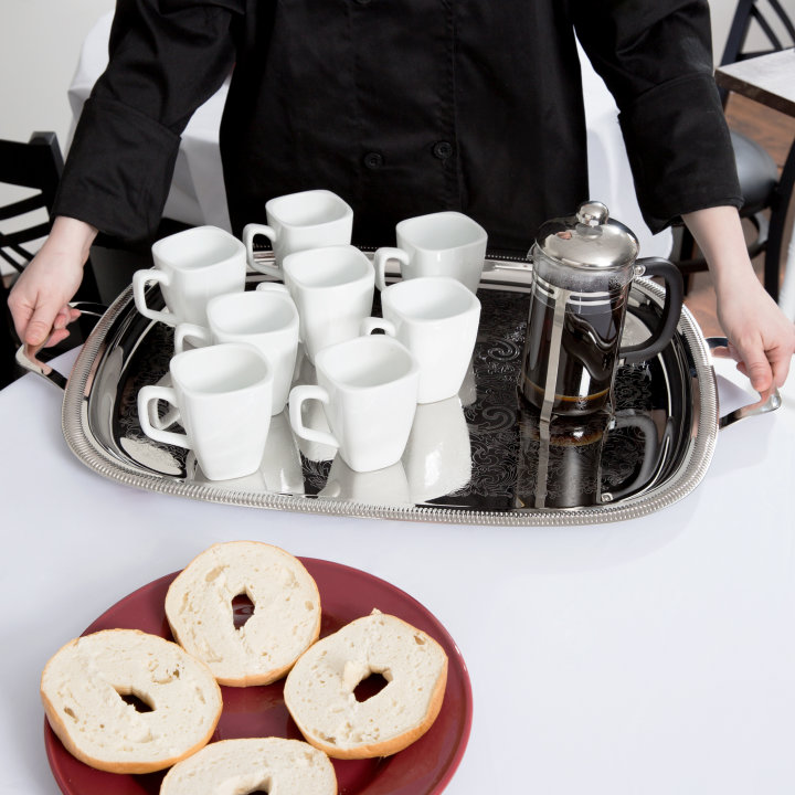23 ½-inch Elegant Reflections oblong stainless steel serving tray with handles