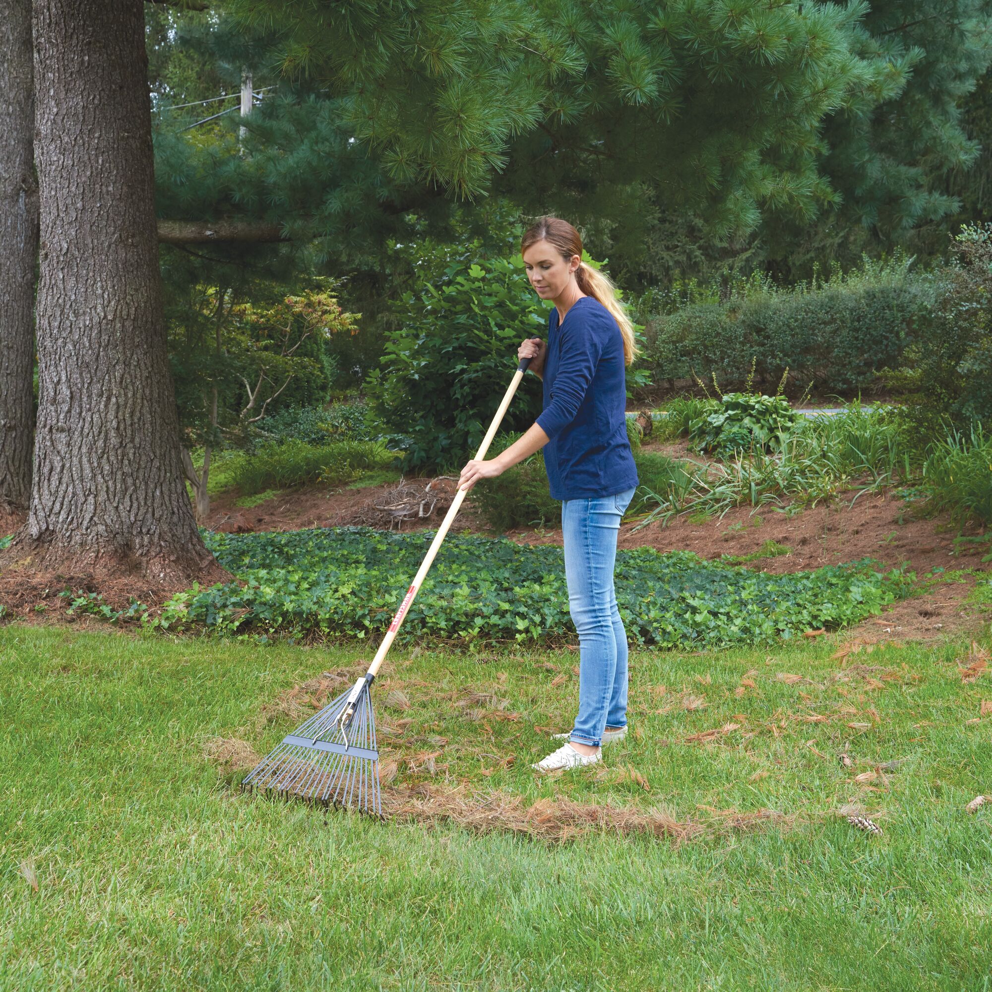 22 inch tine wood handle lawn rake being used by a person.