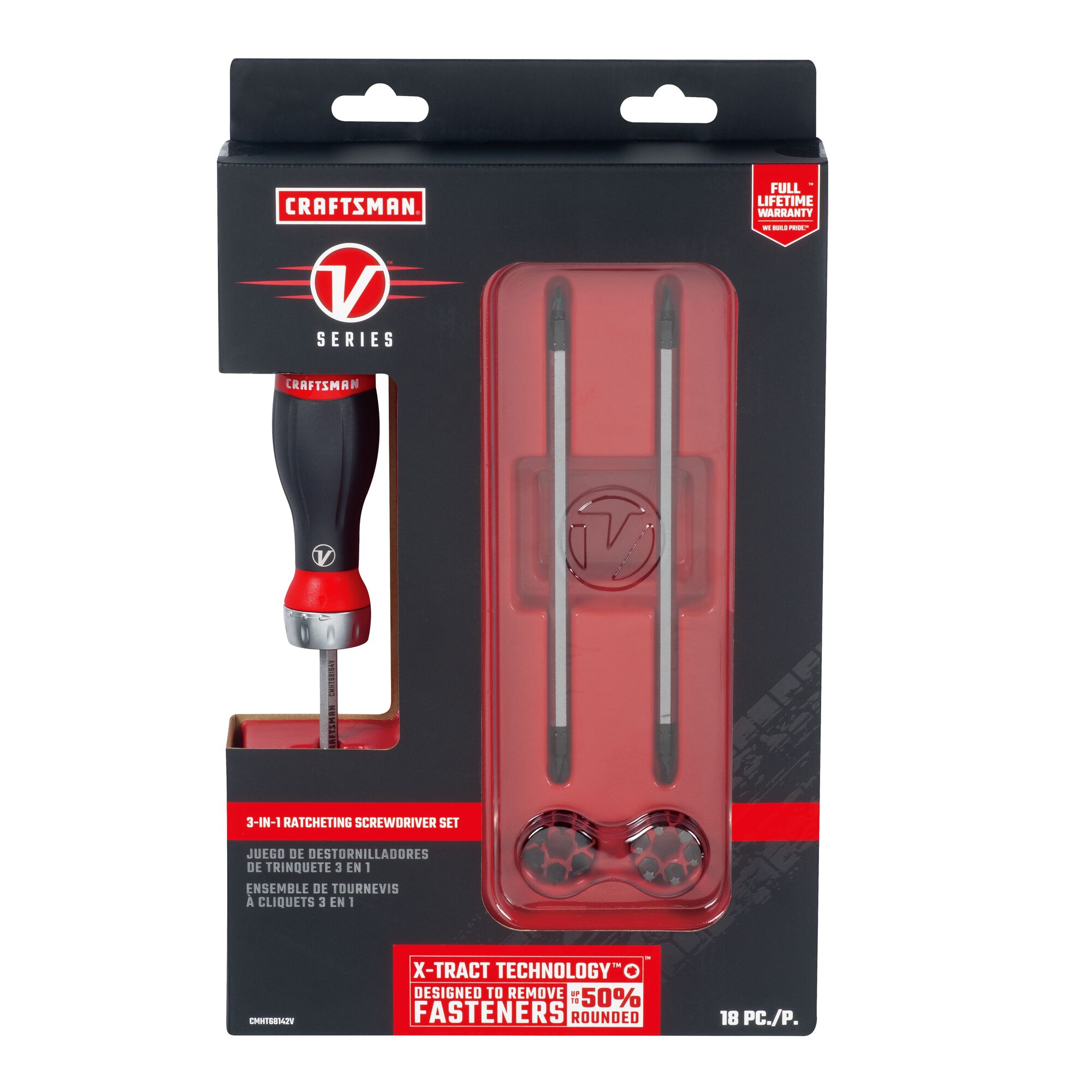 V Series 18 piece 3 in 1 Ratcheting ScrewDriver X Tract Technology Bit Set in card box packaging.