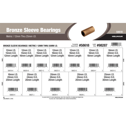 Metric Bronze Sleeve Bearings Assortment (M12 thru M25 Inner Dia.)