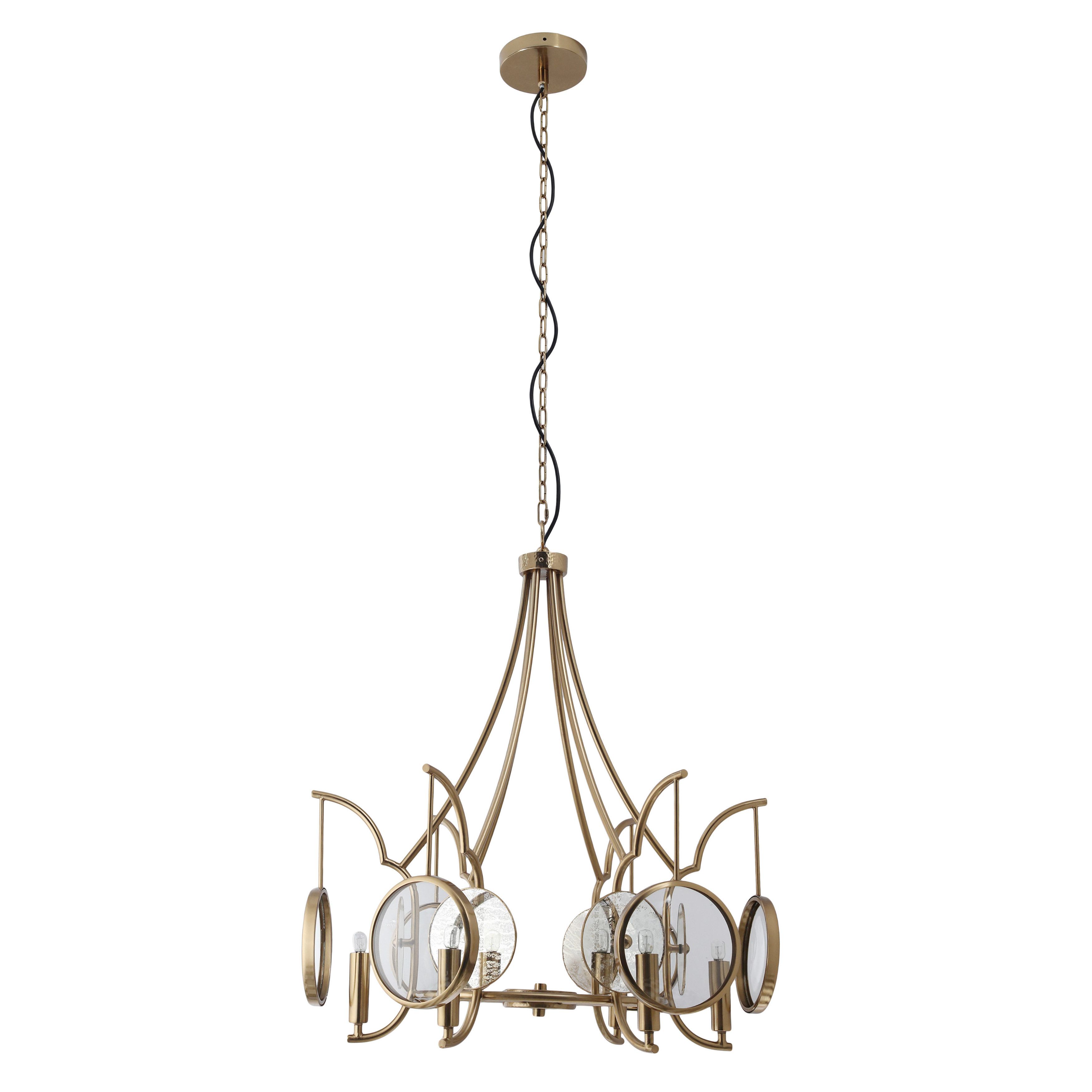 The Into Focus chandelier blends modern geometry with artisan brass finish and antique reflecting glass for sophisticated ambiance. Six candelabra bulbs provide ample illumination while the clear dome glass creates visual interest. - alternate view
