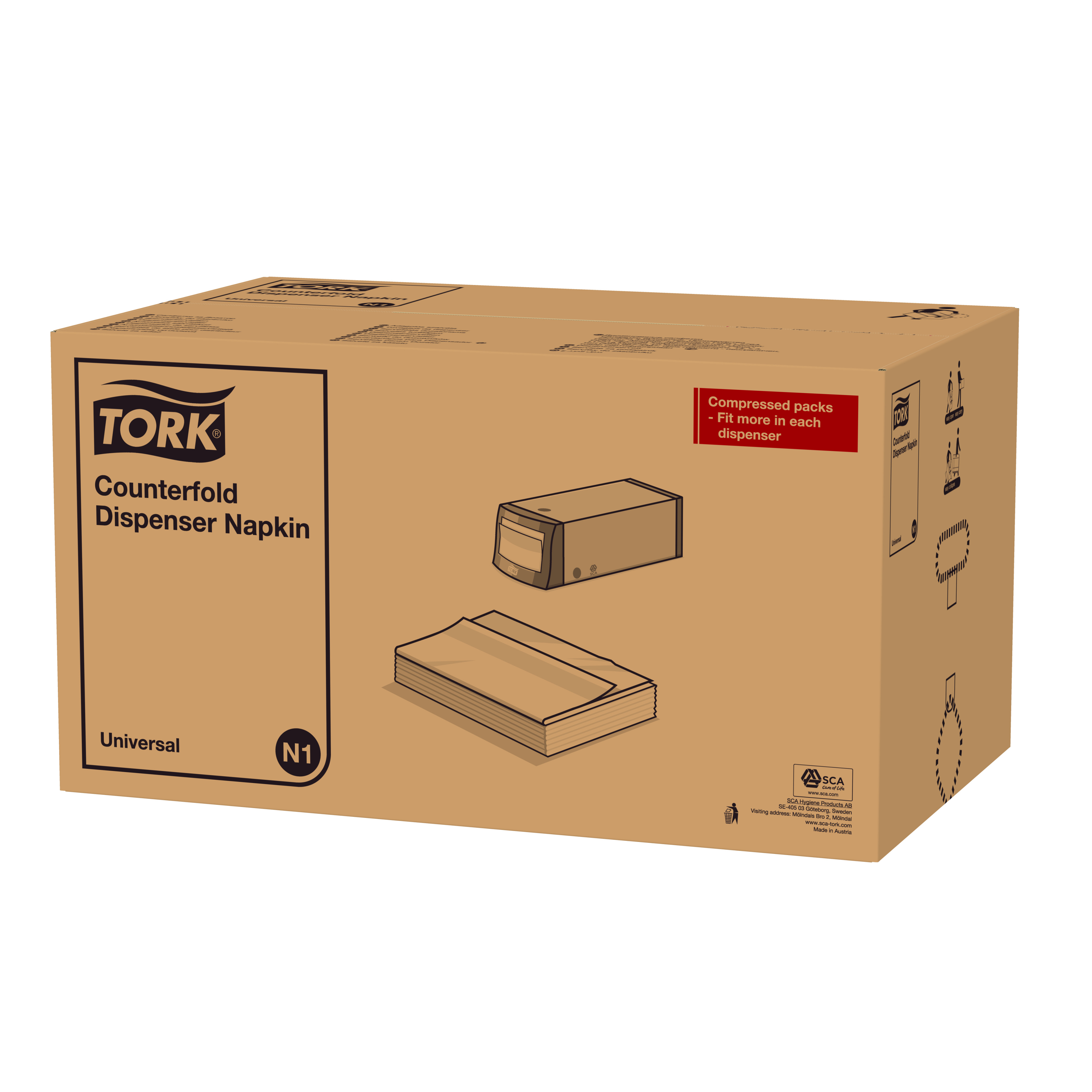 Dispenserservietter, 1 lag, Natur, 33x30 cm, 7200 stk, Tork Counterfold N1
