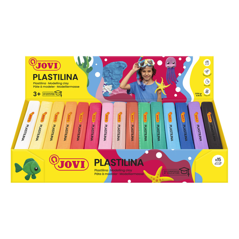 Plastilina Modeling Clay, Assorted Colors, 15 Bars (150 g Each), Non-Drying Reusable Modeling Clay