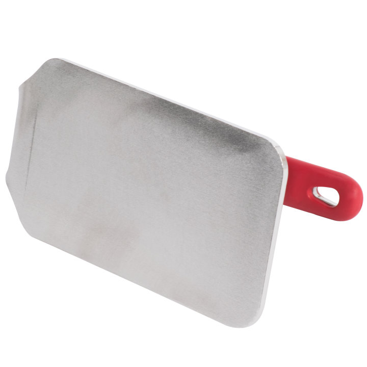 2 ½-pound flat-bottom stainless steel steak weight with red silicone handle