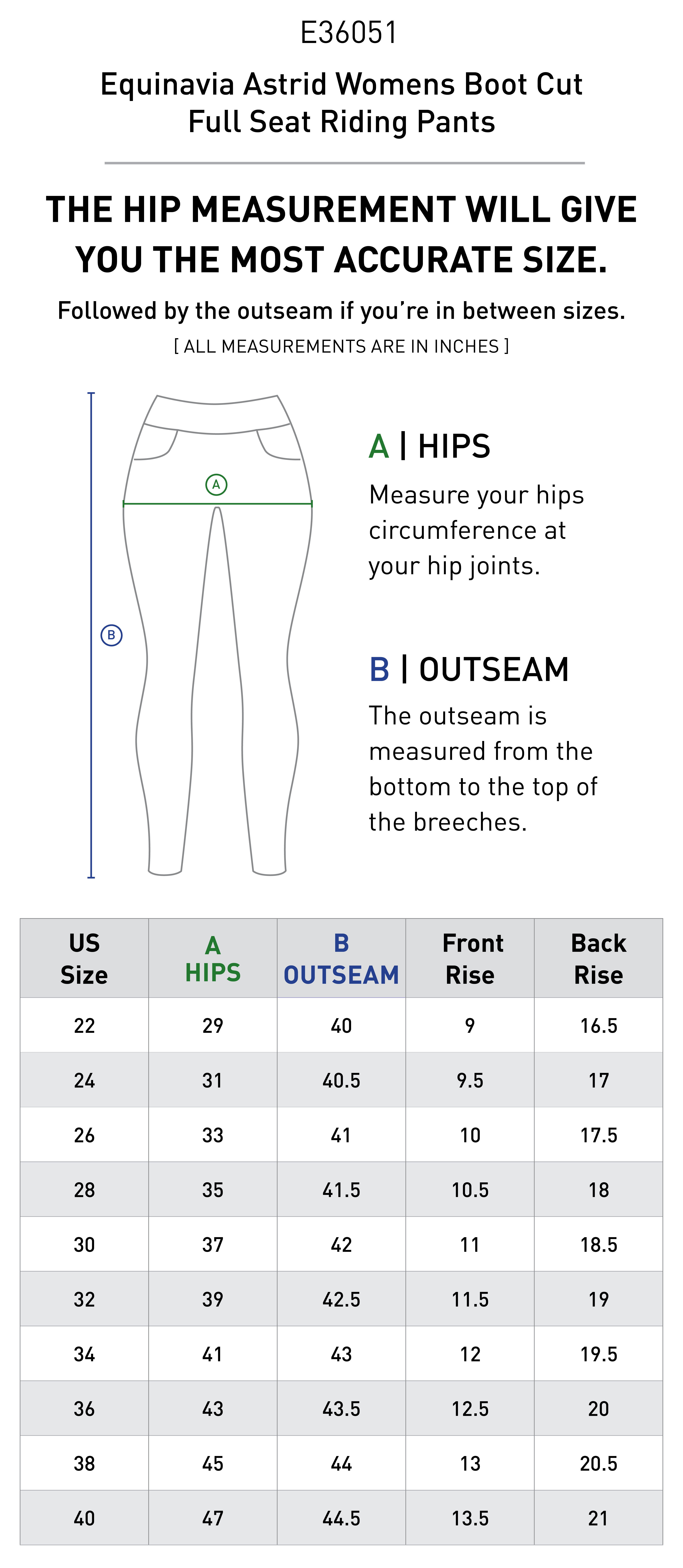 Size chart for Equinavia Astrid Womens Boot Cut Full Seat Riding Pants - Carbon Gray