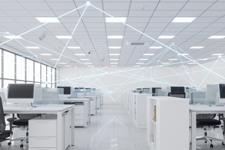 Office with lines showing connections for intelligent controls