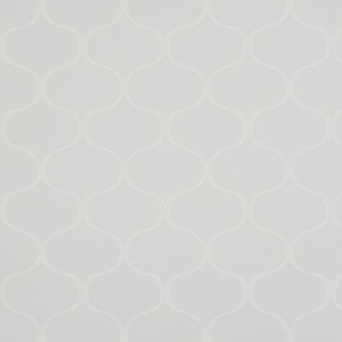 Pale gray wallpaper with a subtle white Moroccan trellis pattern; covering a wall with evenly repeating motifs, forming a soft, neutral backdrop under diffuse, even lighting.