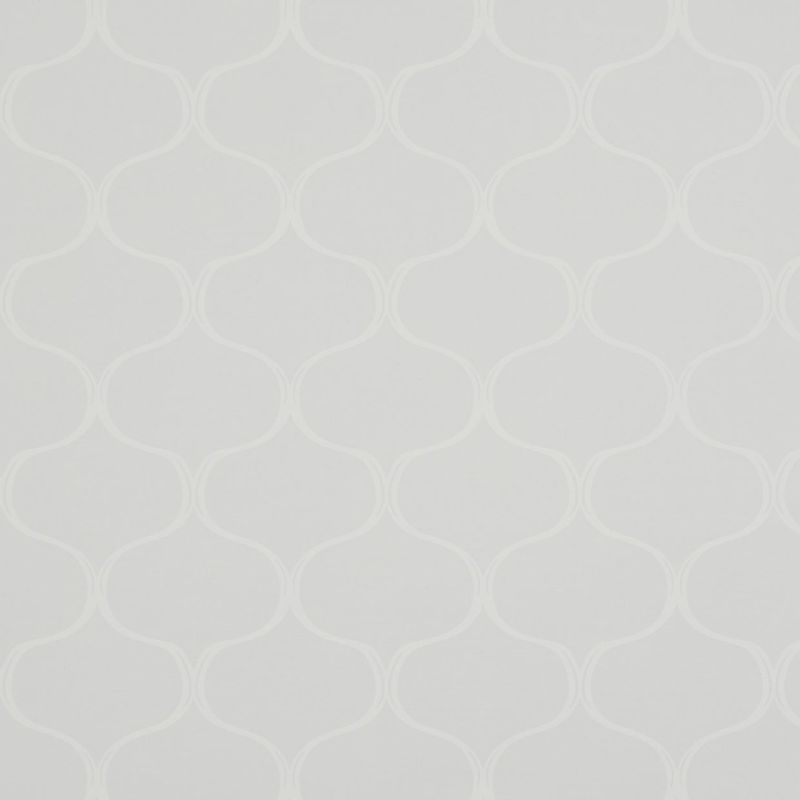 Pale gray wallpaper with a subtle white Moroccan trellis pattern; covering a wall with evenly repeating motifs, forming a soft, neutral backdrop under diffuse, even lighting.