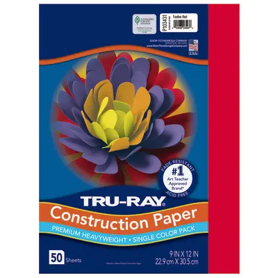 Tru-Ray Premium Heavyweight Construction Paper, Festive Red, 9"x 12", 50 Sheets