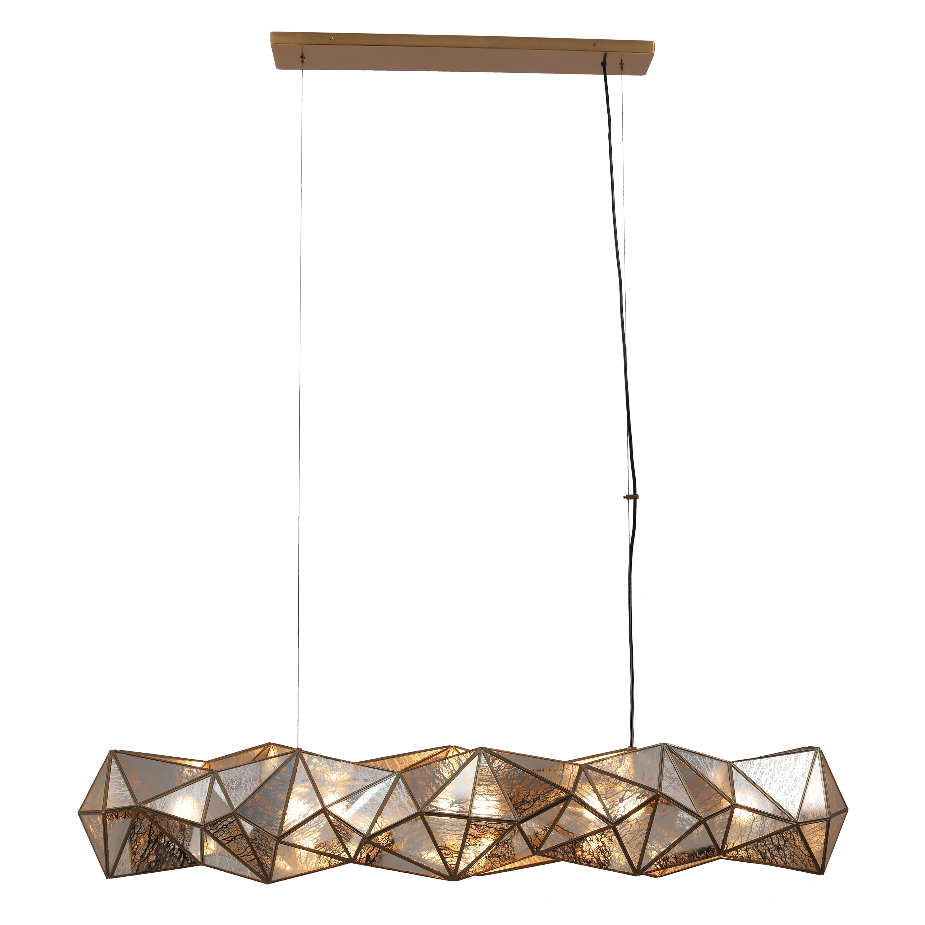 The Geo-Gem 8-Light Island Chandelier combines geometric sophistication with artisanal warmth. Its 62-inch linear design features eight mercury pane glass shades in an artisan brass frame, creating dramatic illumination perfect for large islands and dining tables. - alternate view