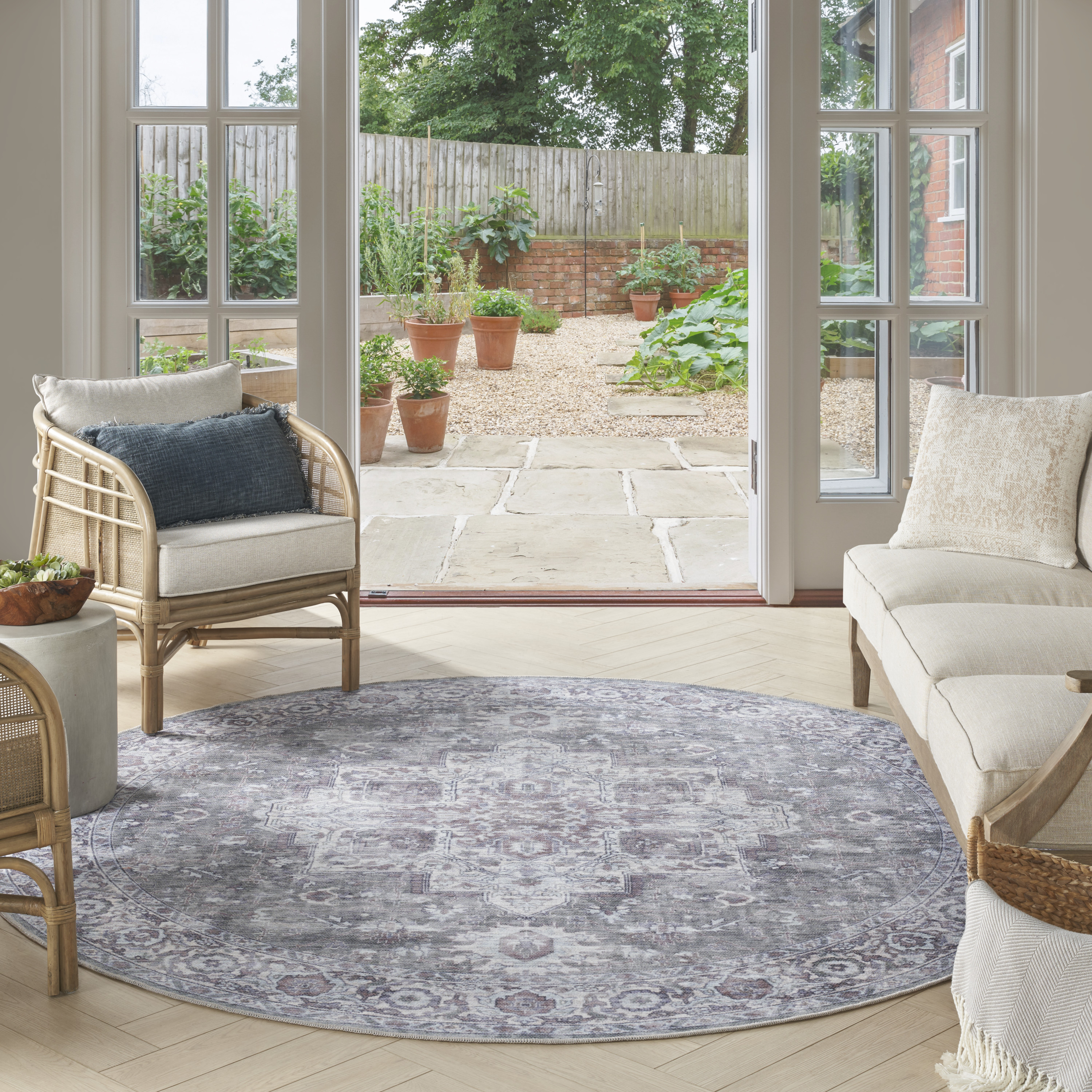 Nourison New Concept Washables 7'10" x Round Ivory Grey Vintage Indoor Rug