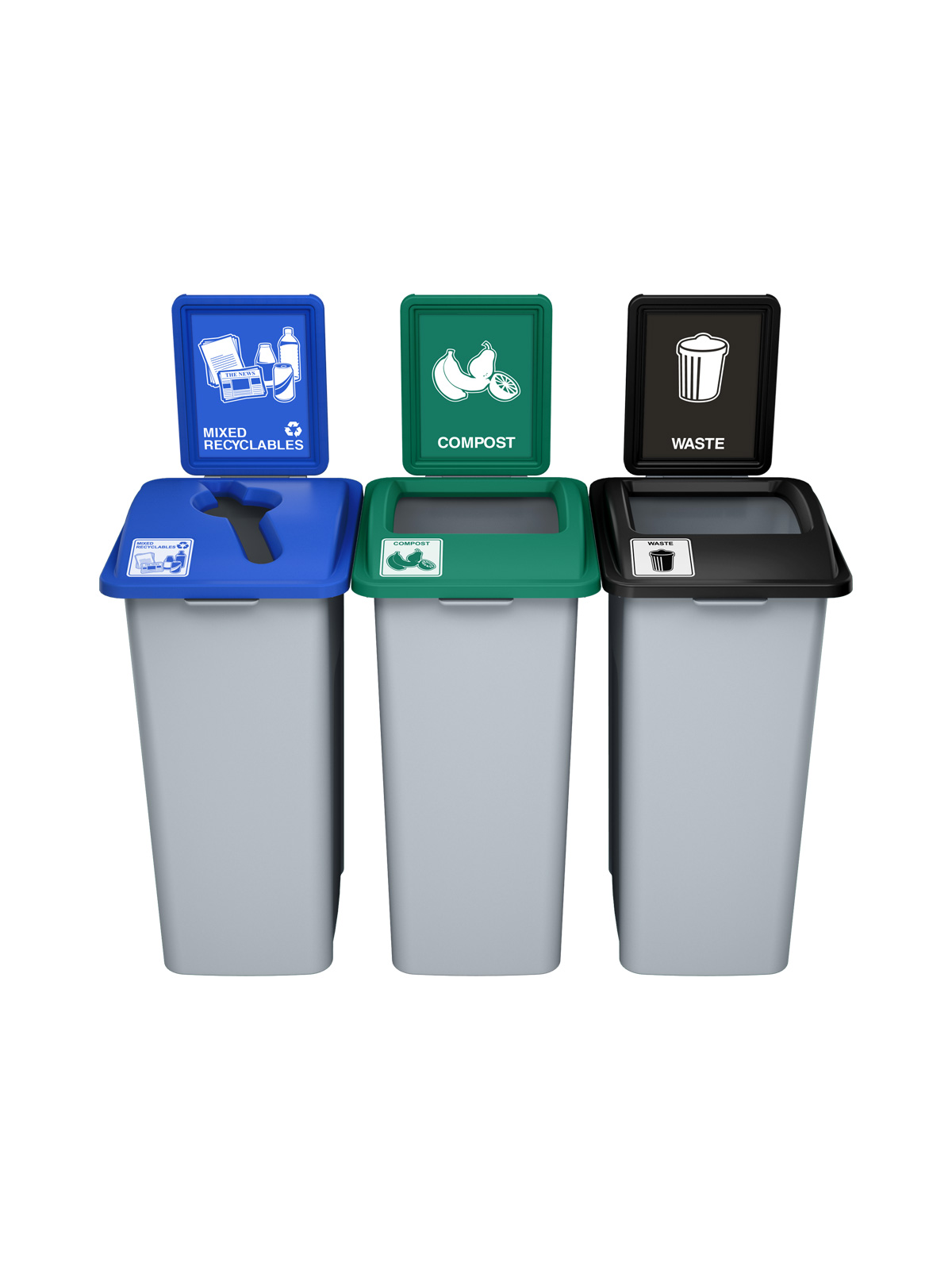 WASTE WATCHER – Triple – Kit – Xl – Mixed Recyclables-Compost-Waste – Mixed-Full – Grey-Blue-Green-Black