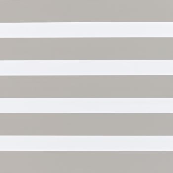 Zebra-style roller blind with alternating opaque taupe and translucent white horizontal bands; aligned to filter and diffuse light; fills a neutral interior window opening with even ambient lighting.