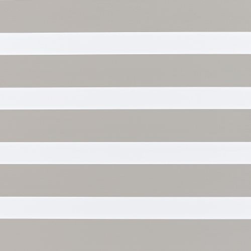 Zebra-style roller blind with alternating opaque taupe and translucent white horizontal bands; aligned to filter and diffuse light; fills a neutral interior window opening with even ambient lighting.