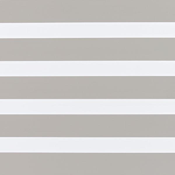 Zebra-style roller blind with alternating opaque taupe and translucent white horizontal bands; aligned to filter and diffuse light; fills a neutral interior window opening with even ambient lighting.