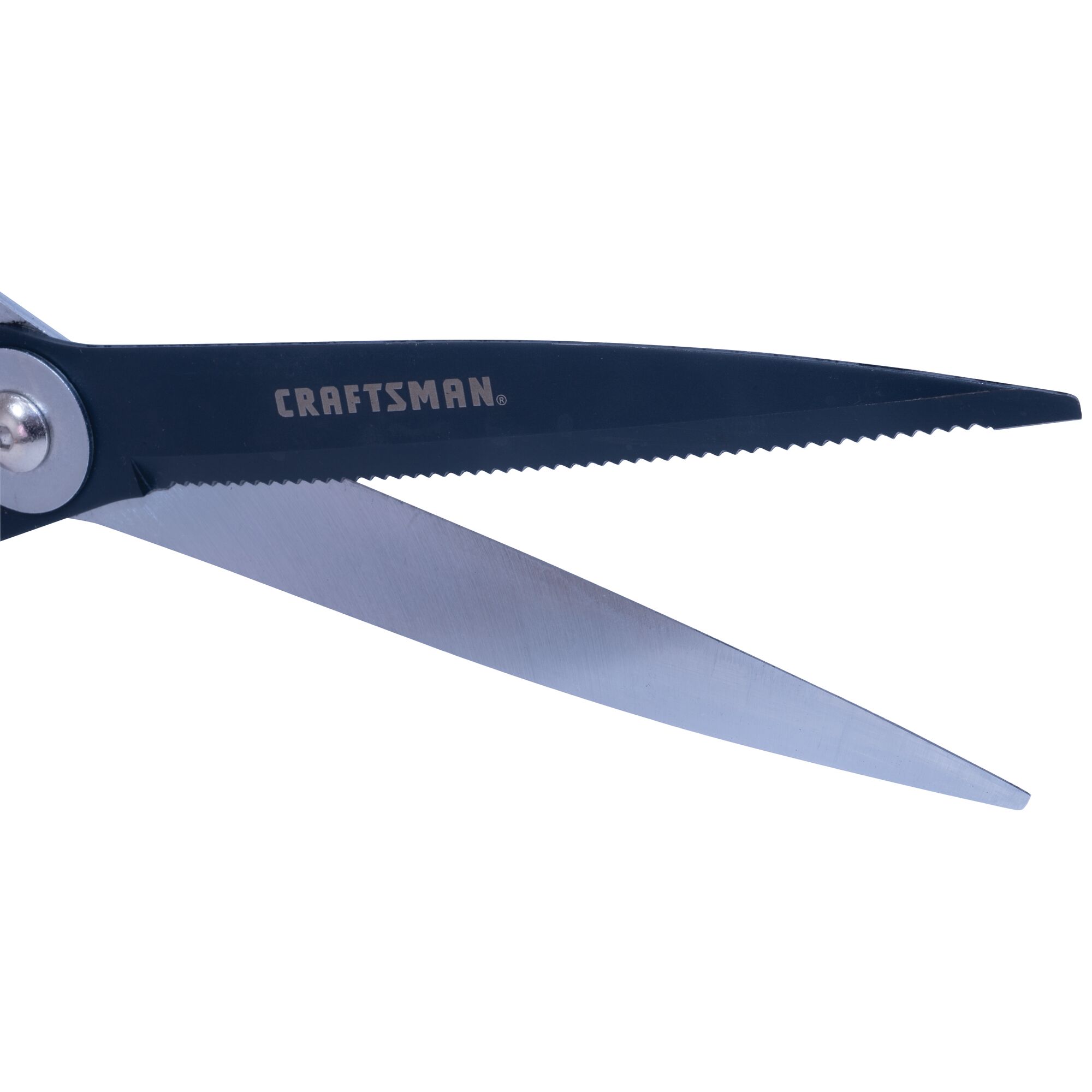 Non-stick blade coating feature of hedge shears with compound action blade and telescoping handles.