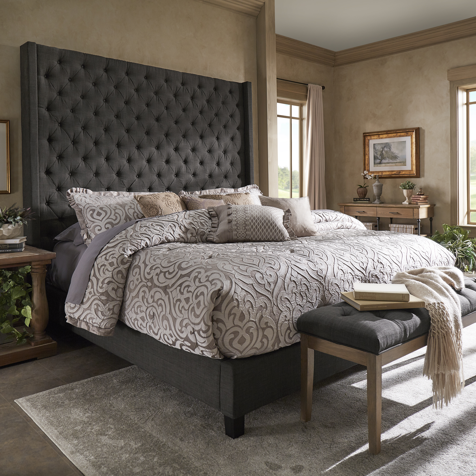 Wingback Button Tufted High Headboard Platform Bed