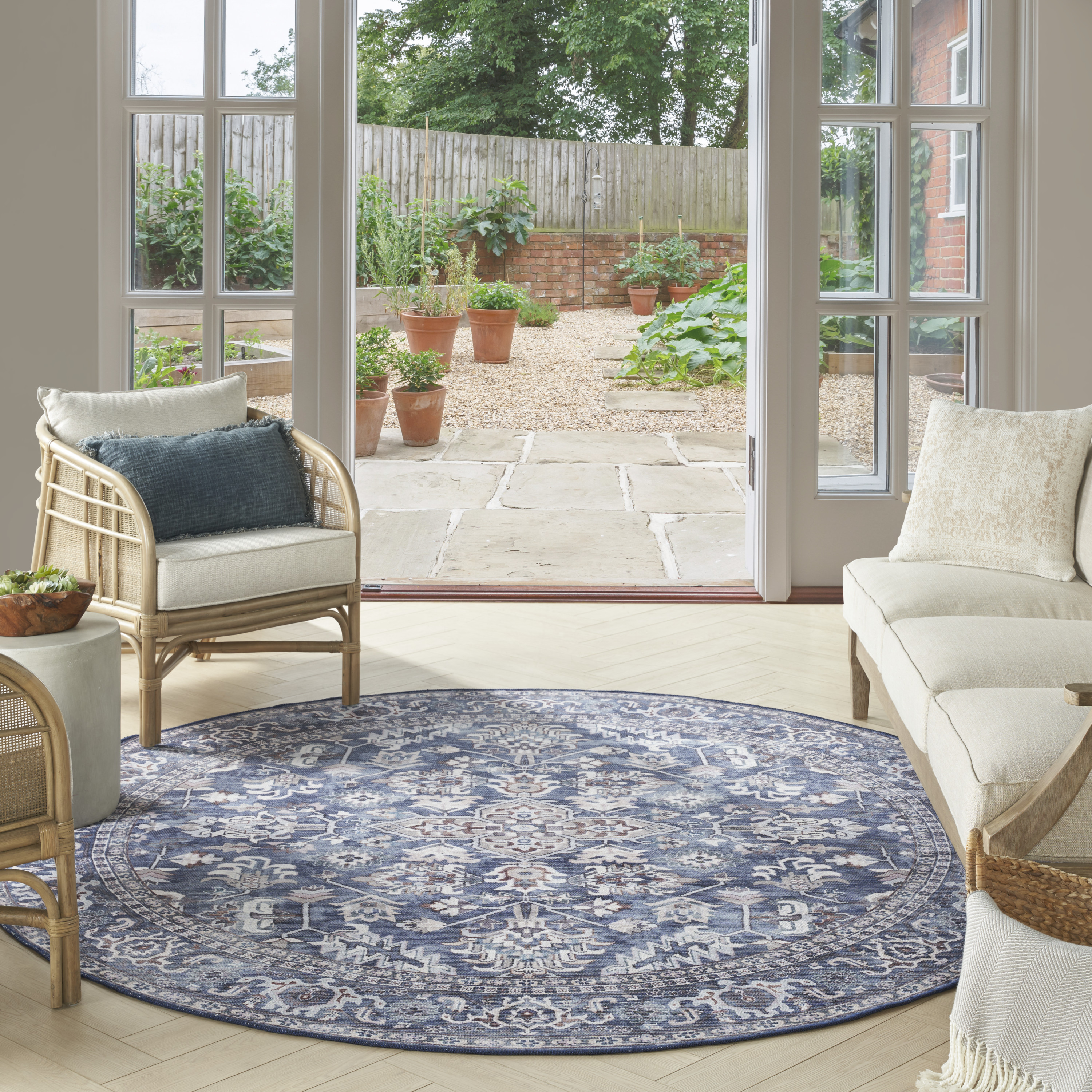 Nourison New Concept Washables 5'3" x Round Navy Ivory Vintage Indoor Rug