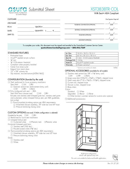 Spec Sheet — Cd Shower Spec Sheet Asura Xst 3838 Tr Col ADA