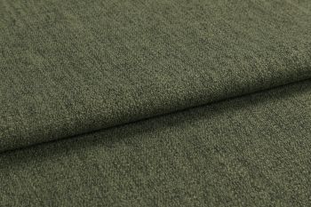 Olive-green textured upholstery fabric, folded once creating an overlapping edge; tightly woven, slightly napped surface; photographed in a close-up, evenly lit studio setting emphasizing texture.