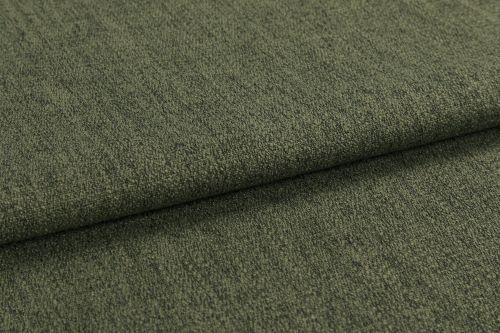 Olive-green textured upholstery fabric, folded once creating an overlapping edge; tightly woven, slightly napped surface; photographed in a close-up, evenly lit studio setting emphasizing texture.